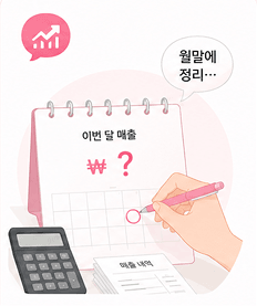 월말 매출을 달력과 계산기로 직접 정산하는 모습